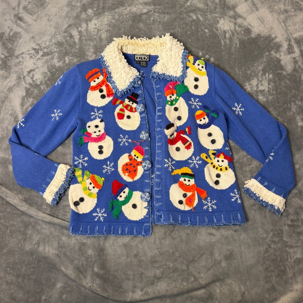 Berek Small Vintage Snowman Christmas Cardigan Sweater Blue Knit Shaggy Trim